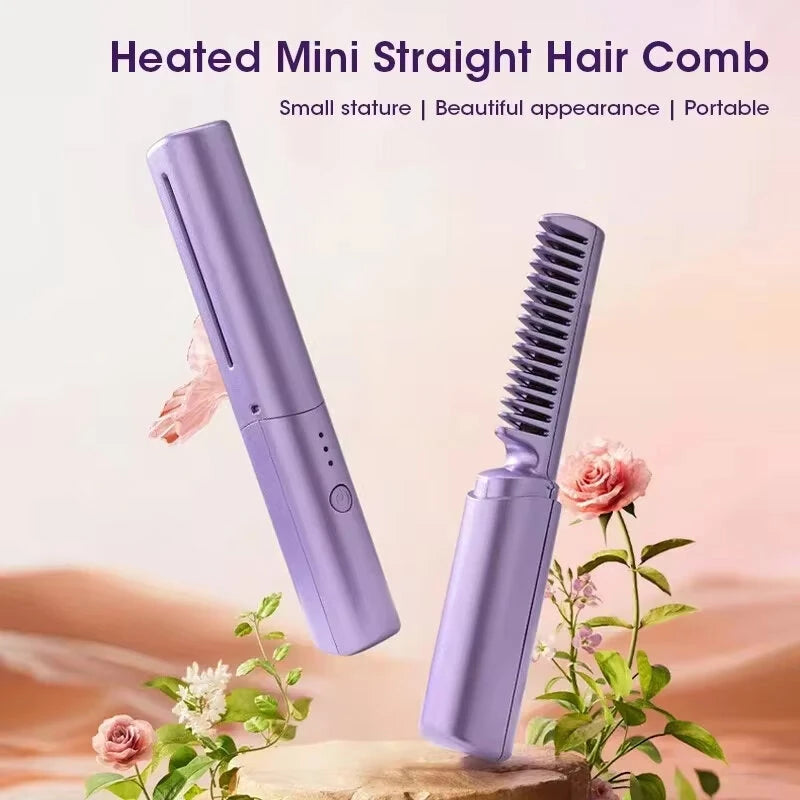 Portable Mini Electric Hair Brush Dual Use Hair Straightener Curler USB Charging Temperature Adjustable Straightener Curler Comb