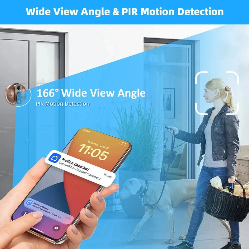 Tuya Smart WiFi Doorbell 1080P Peephole Camera 2MP 2304x1296P PIR Motion Alexa Google Integration 5000mAh Battery Two-Way Intercom Night Vision