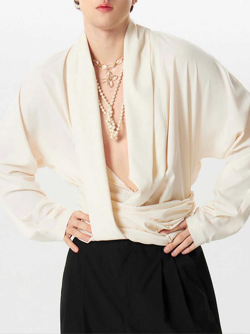 INCERUN Mens Shirt V-neck Waist Long Sleeve Shirt Summer Fashion Solid Color Comfortable Breathable Men Top