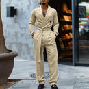 INCERUN Mens Double-Breasted Long Sleeve Jumpsuit Fashion Solid Color Waist Lace Up Suit Jumpsuit Long Top Pant