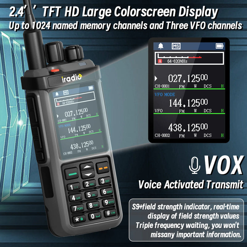 Iradio UV-98 PLUS 10W Walkie Talkie Multi Band Radio 2.4 Inch Screen Cross Band Repeater 1024 Channels Type-C Charging CB SSB HF FM SW MW LW Walkie Talkie