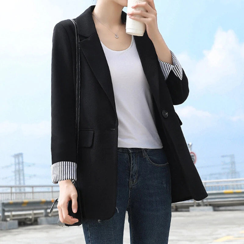 ZANZEA Plus Size Women's Stripe Panel Long Sleeve Button Front Lapel Blazer with No Pockets