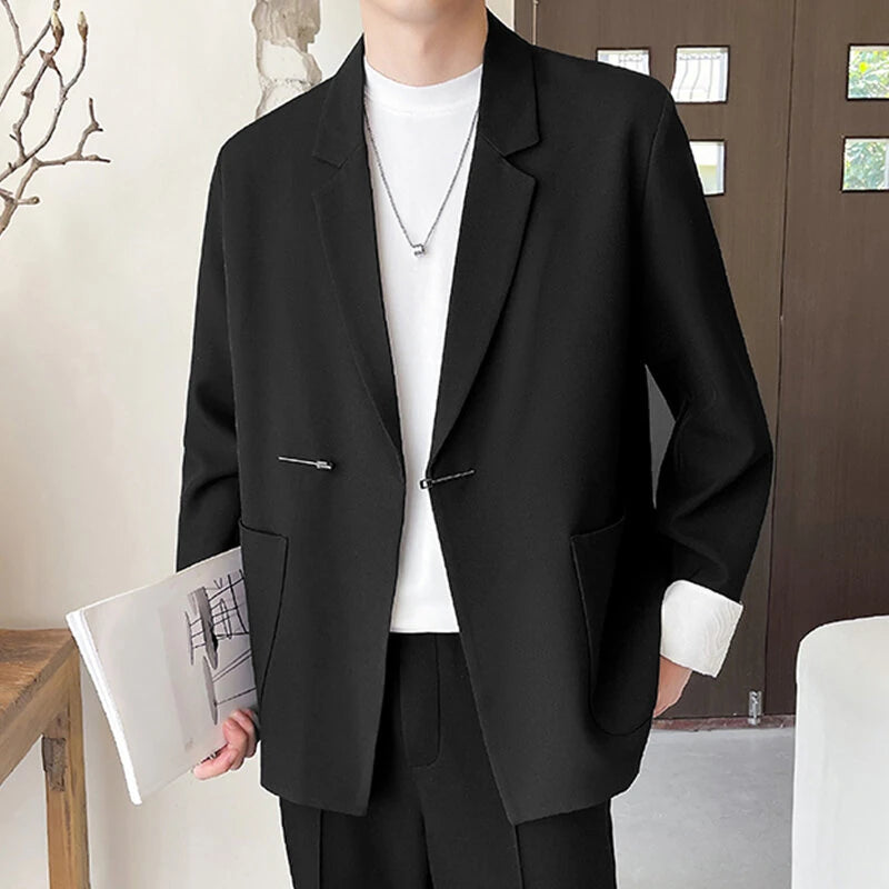 INCERUN Mens Metal Buckle Patchwork Lace Long-Sleeve Blazer Fashion Casual Solid Color Suit Top Outwear