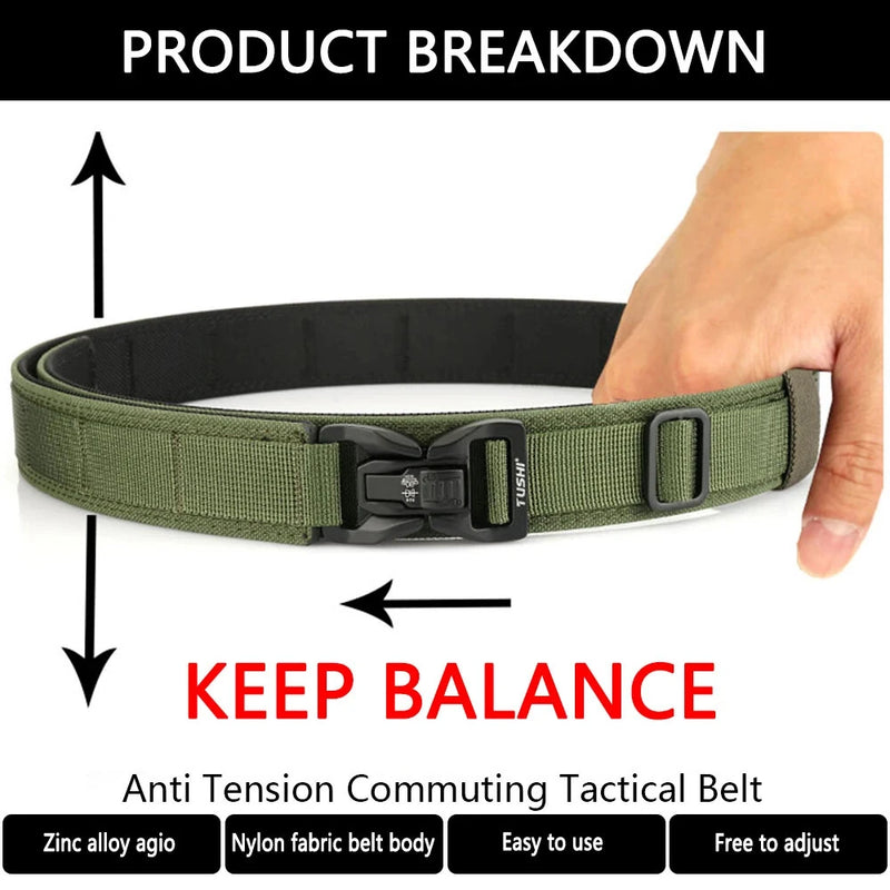 TUSHI 115cm Buckle Men Tactical Belt 1100D Nylon Thickened Double-layer Military Belt for Outdoor Sports Police Duty Shooting Training