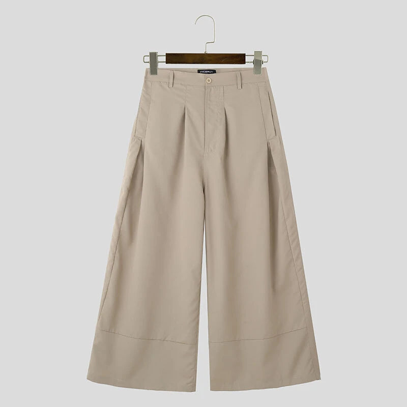 INCERUN Men Casual Baggy Pants Simple Solid Color Button Front Wide Leg Trousers for Men Large Size S-5XL