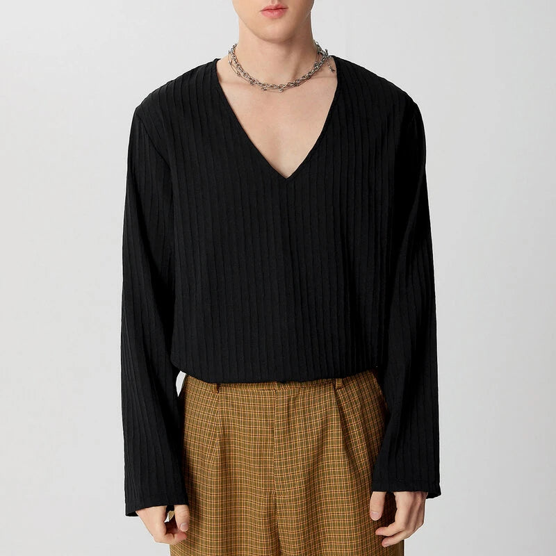 INCERUN Men Fashion V-neck Long Sleeve T-shirt Comfy Loose Fit Solid Color Tshirt Top for Men Plus Size, Spring Fall