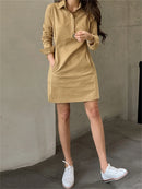 VONDA Women's Casual Solid Color Lapel Knee Dresses with Pockets