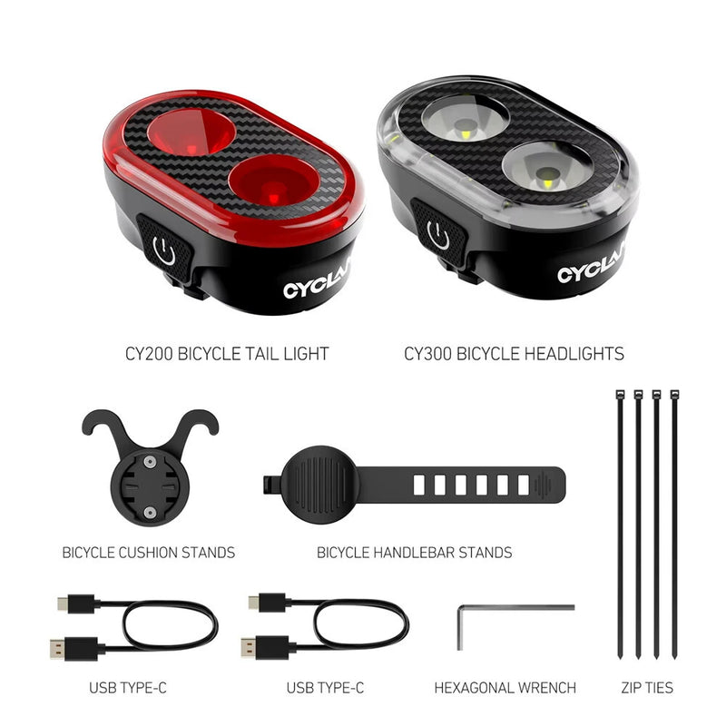 CYCLAMI CY300T 2PCS Bicycle Smart Front Rear Brake Sensing Lights Waterproof Type-C Charging Bike Lighting Headlight Warning Taillight for MTB Road Cycling