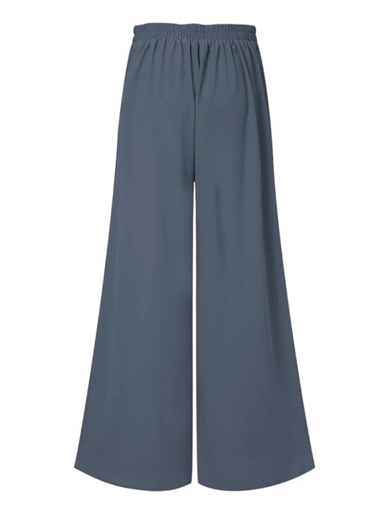 ZANZEA Plus Size Women Pants Solid Color Side Button Elastic Waist Loose Casual Wide Leg Pants With No Pocket