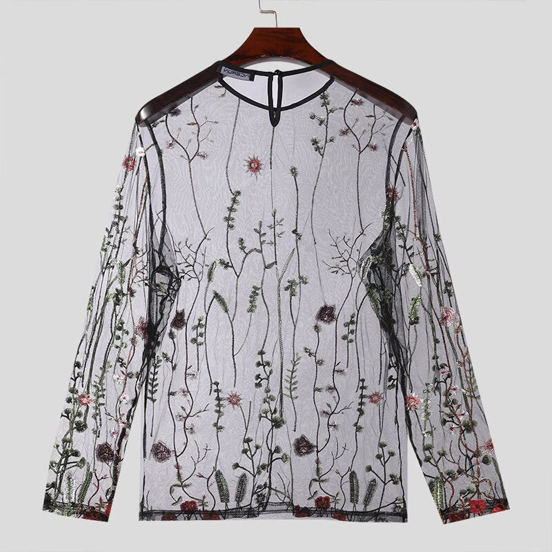 INCERUN Men T-shirts Fashion See-through Mesh Embroidered Flower Decor Long Sleeve Black Tshirts Summer Cool Party Male Tops
