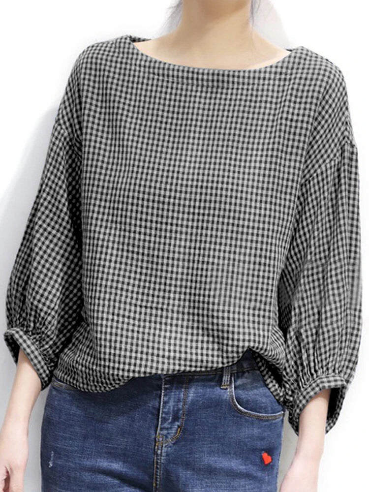 Check Pattern Puff Sleeve Crew Neck Casual Blouse