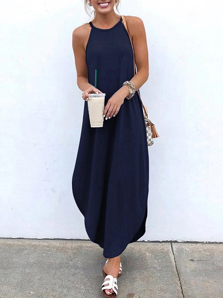 Women Sleeveless Straps High Low Hem Solid Causal Maxi Dress