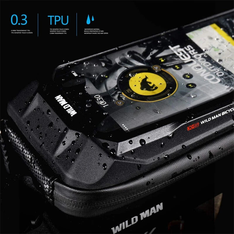 WILD MAN Rainproof Bycicle Bag Fits 5.5-6.7 inch Mobile Phone Touch Screen Front Frame Bike Bag Top Tube for Mountain Road Bike MTB Cycling