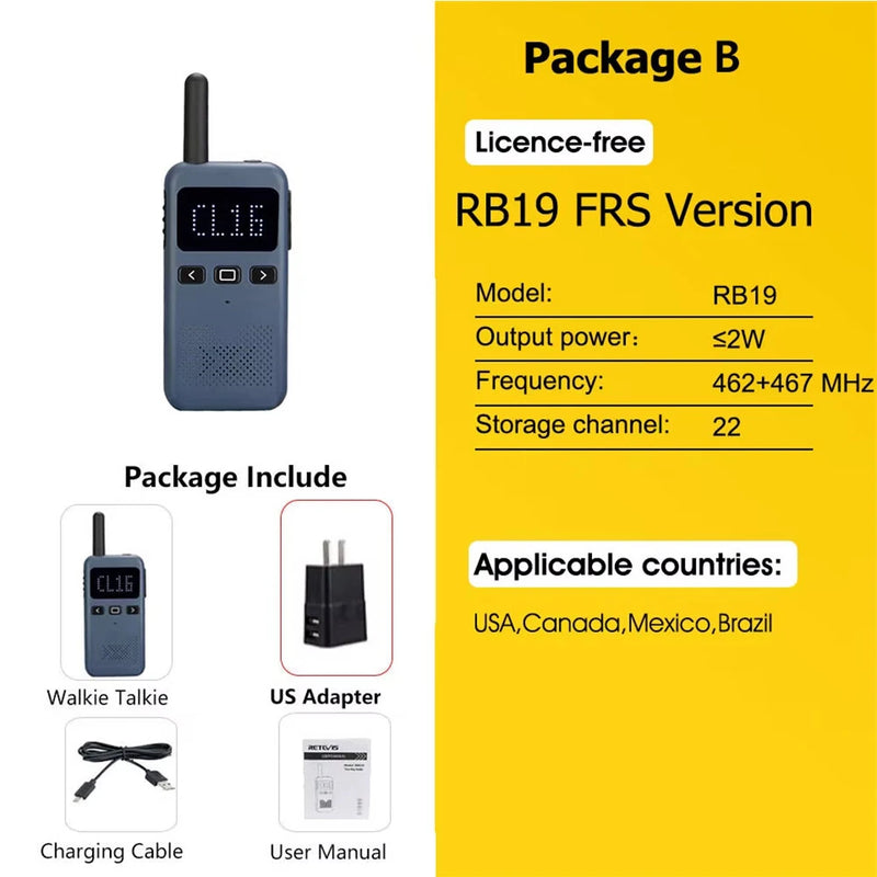 Retevis RB19 FRS RB619 PMR Walkie Talkie Portable Two Way Radio Type C USB Rechargeable for Hands Free Lightweight Compact Radio