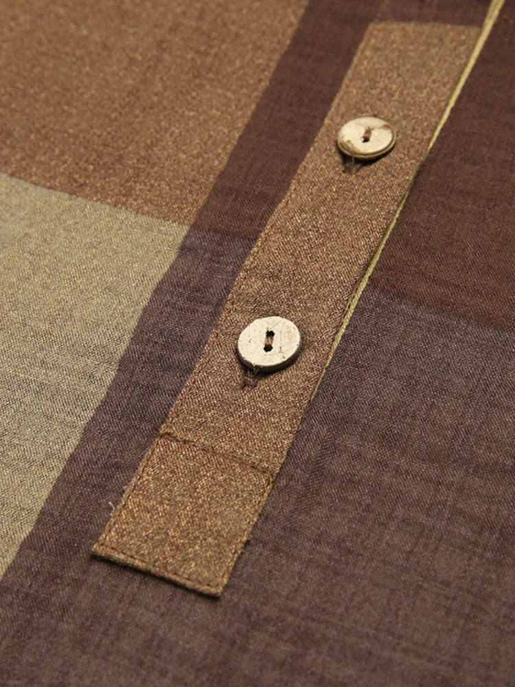 Women Vintage Plaid Print Button Front O-Neck Short Sleeve Loose Casual Shirt Dress With Pocket