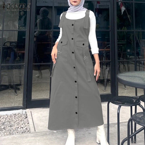 ZANZEA Solid Womens Square Neck Strappy Bib Dress Casual Loose Long Dresses