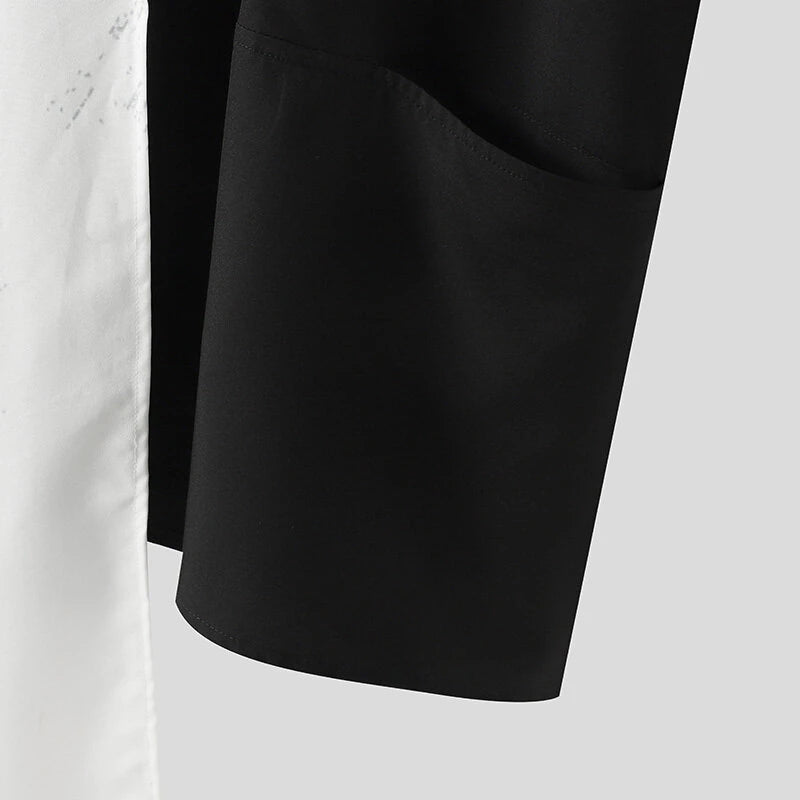 INCERUN Mens Patchwork Mid-Length Loose Long Sleeve Shirt Casual Fashion Design Lapel Top for Men Plus Size, Spring Fall