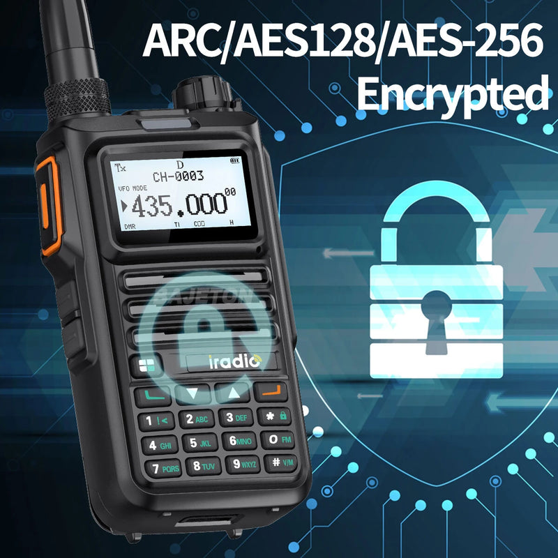 iRadio DM-UV4R DMR Digital Analog Walkie Talkie Dual Mode 1024 Channels AES-256 Encryption UHF VHF Wide Frequency Range NOAA Weather Alerts Type C Charging Two Way Radio