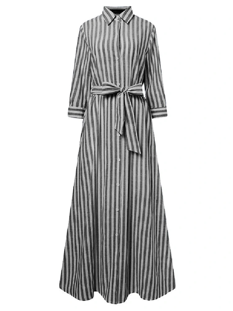 ZANZEA Women 100% Cotton Classical Striped Print Lapel Button Front Lace-Up Casual Shirt Dress