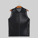 INCERUN Mens Striped See Through Lapel Collar Vest Comfortable Black Zipper Sleeveless Tank Top for Male
