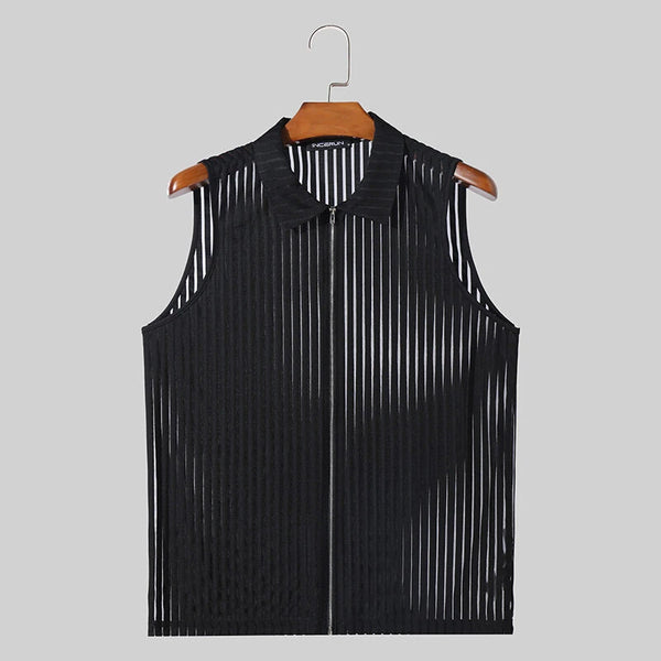 INCERUN Mens Striped See Through Lapel Collar Vest Comfortable Black Zipper Sleeveless Tank Top for Male