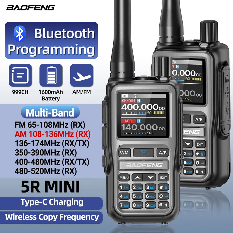1Pcs Baofeng UV-5R Mini 5W Power Multi-Band Walkie Talkie 999 Channels bluetooth Programmable One-key Frequency Pairing Two Way Radio 1600mAh Battery with Type-C Charging for Outdoor Camping Hiking Road Trip