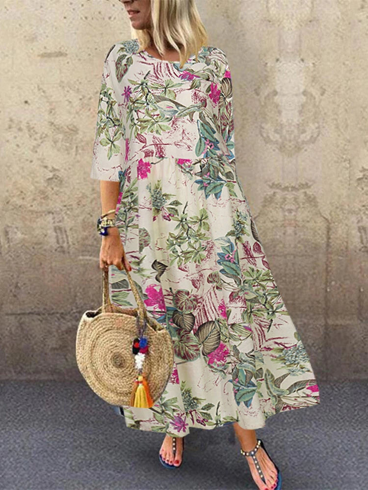 ZANZEA Plus Size Women Beach Long Dress Retro Floral Printed Round Neck Three Quarter Sleeve Pleated Beach Maxi Dresses