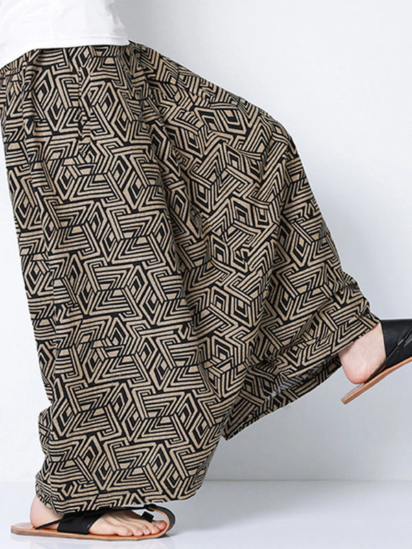 INCERUN Men Pant Ethnic Print Low Rise Long Pant Loose Fit Mens Elastic Streetwear Pants with Side Pockets S-5XL