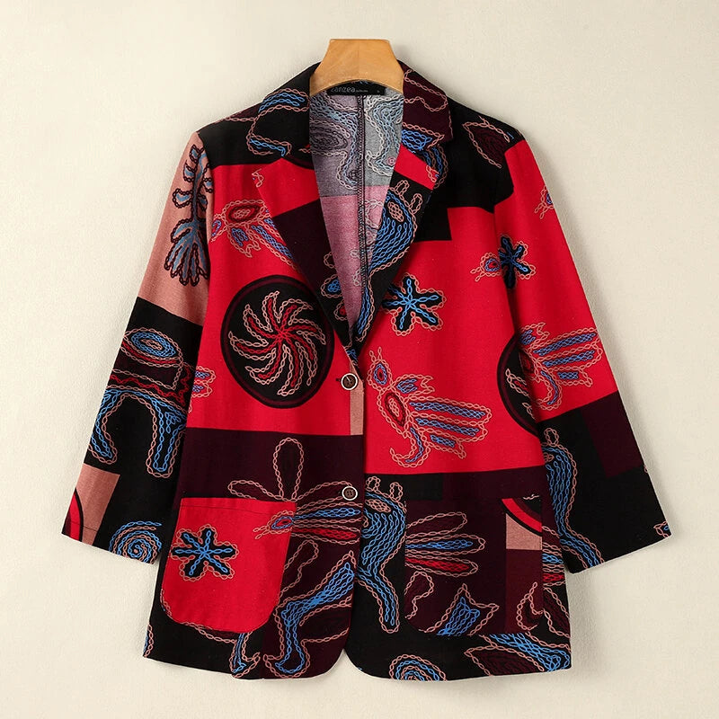 ZANZEA Womens Ethnic Prints Blazer Vacation Thin Suit Coat Retro Lapel Cotton Linen Printing Long Sleeve Blazer