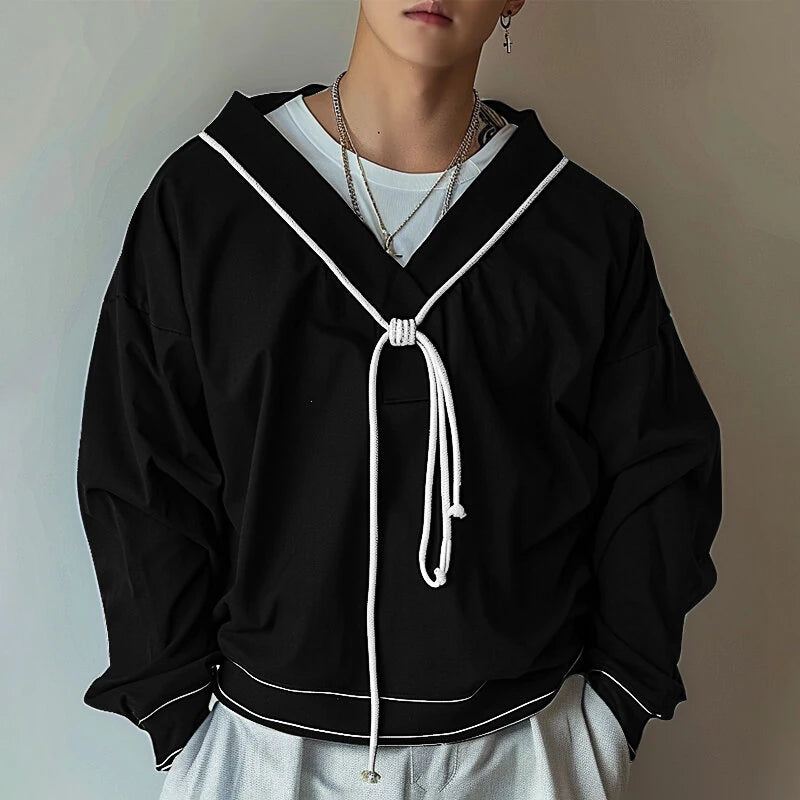 INCERUN Mens Twist Patchwork V-Neck Long Sleeve T-Shirt Fashion Solid Color Drawstring Design Tshirt