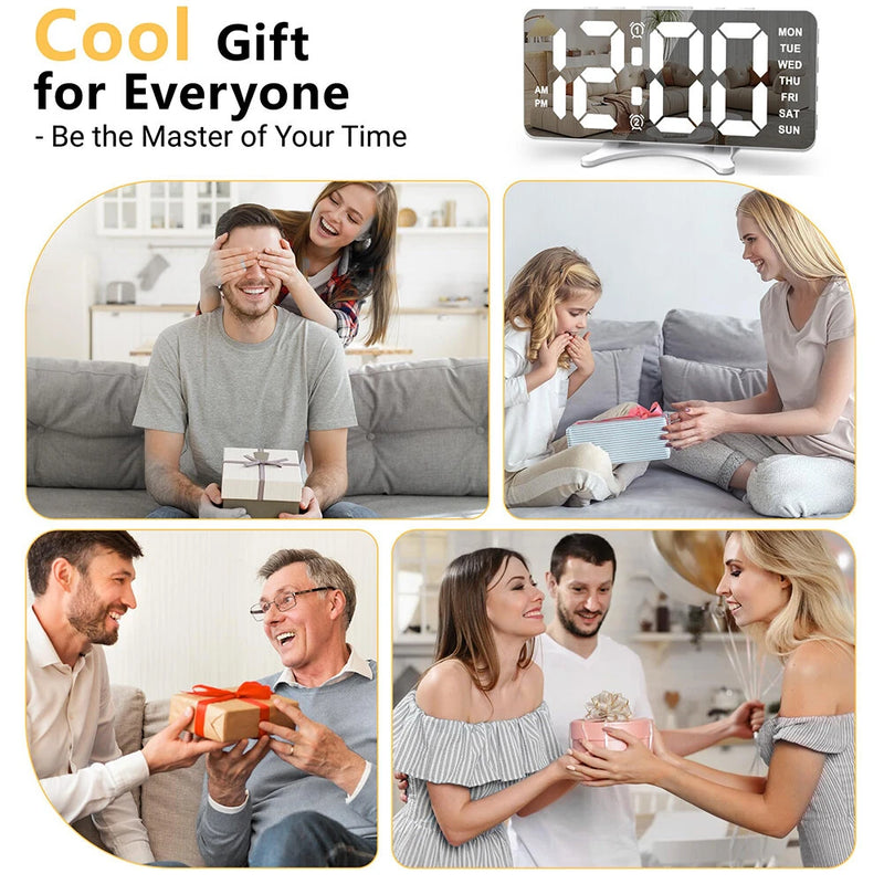 Smart LED Mirror Digital Clock Alarm Clock LED Digital Clock Auto Dimming Mirror Rechargeable Digital Clock for Bedrooms 4 Level Brightness&2 Level Volume