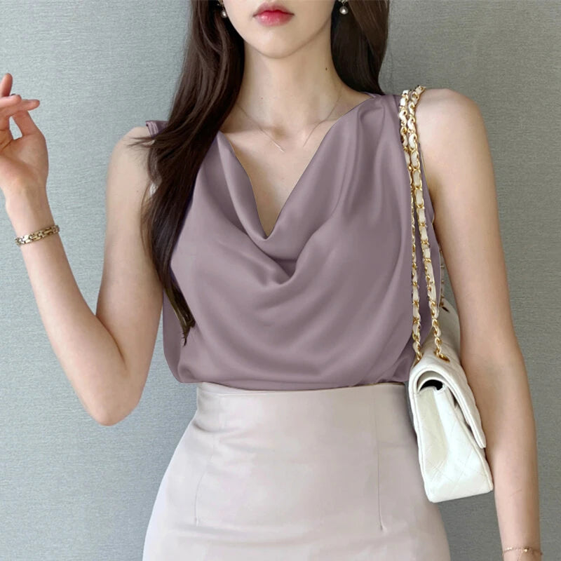 ZANZEA Women's Blouses Elegant Cowl Neck Tanks Tops Office Work Sleeveless Satin Camisoles