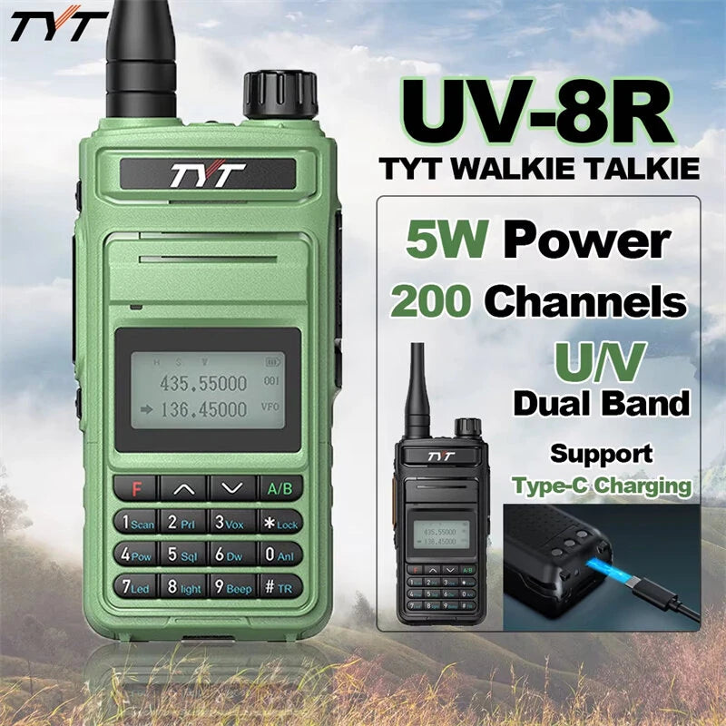 TYT UV-8R 5W Portable Walkie Talkie Dual Band VHF UHF Two Way Radio DOT-MATRIX LCD 200 Channels VOXs Emergency Alert CTCSS DCS for Long Distance Communication