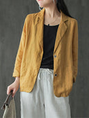 Women 100% Cotton Solid Color Button Front Business Thin All-Match Blazer With Pocket