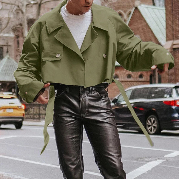 INCERUN Men Jackets Lapel Long Sleeve Solid Color Streetwear Male Short Coats Loose Casual Jackets With Belt S-5XL