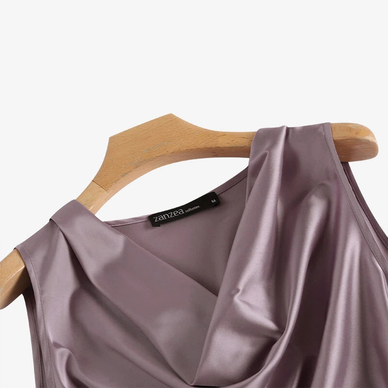 ZANZEA Women's Blouses Elegant Cowl Neck Tanks Tops Office Work Sleeveless Satin Camisoles
