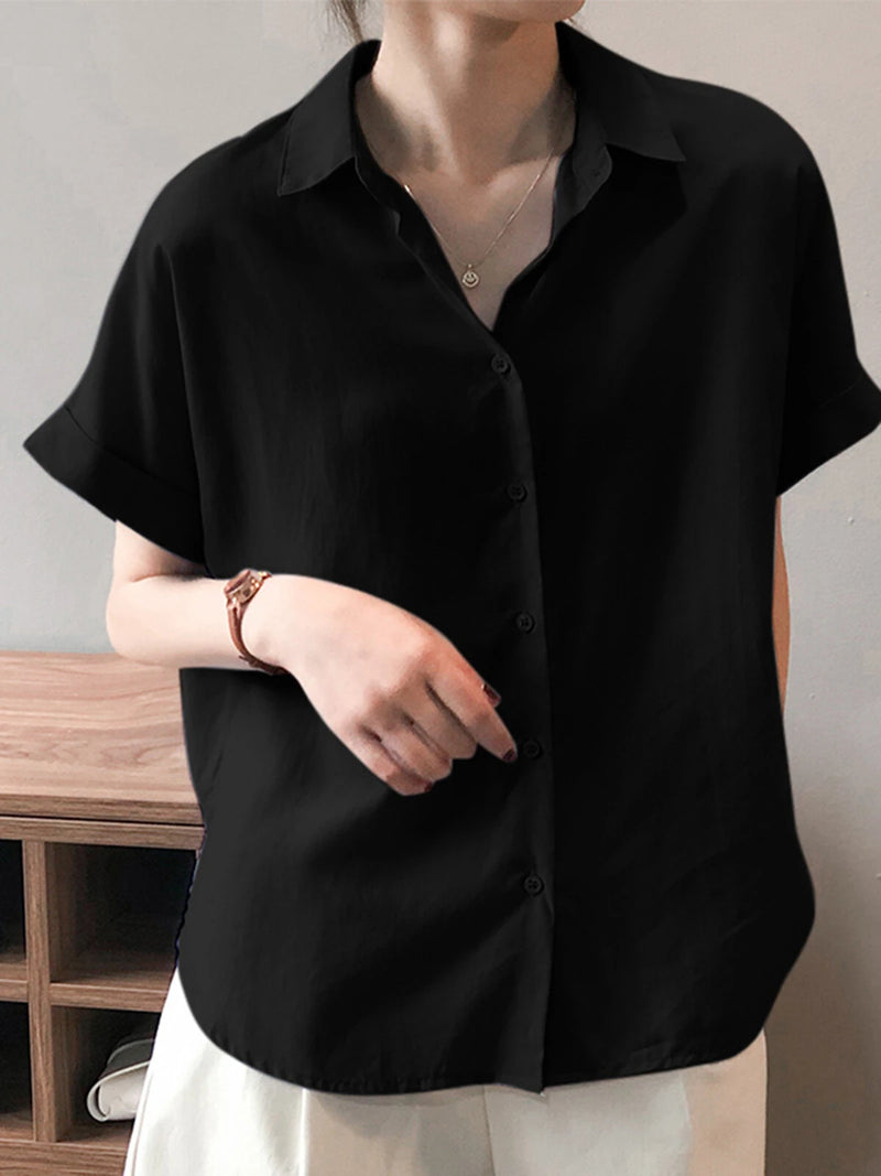 ZANZEA Women Cotton Linen Blouses Solid Button Lapel Roll Sleeve Short Sleeve Casual Shirt Plus Size