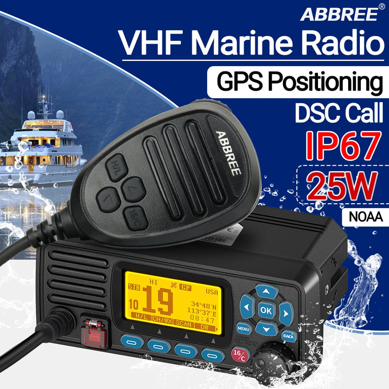 ABBREE AR-509MG VHF Marine Radio Fixed Mount 25W with GPS Waterproof IP67 DCS Call USA/INT/CAN Marine Radio Channels for Fishing