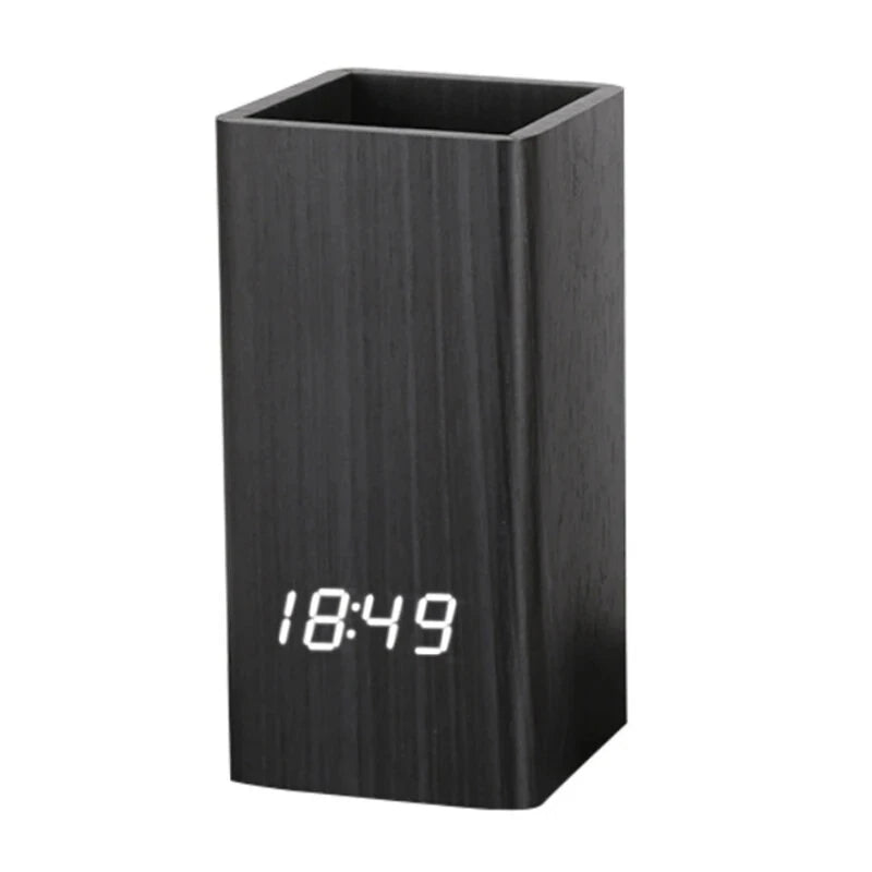 Creative Wooden Pen Holder Clock USB Voice Control Digital Pen Holder Alarm Clock LED Pencil Organizer with LED