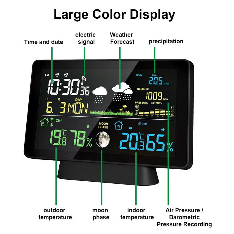 Multi-function Professional Weather Station Alarm Clock Wireless Indoor Outdoor Thermometer With Rain Gauge/ Temperature/  Humidity/ Rainfall Monitoring/ Atmospheric Pressure Intelligent Color Screen Clock