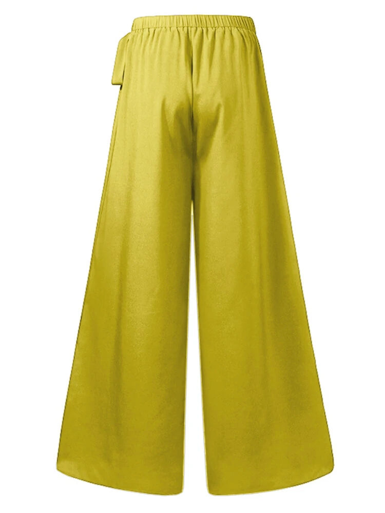 ZANZEA Women Solid Color Bowknot Pleated Loose Casual Wide Leg Pants