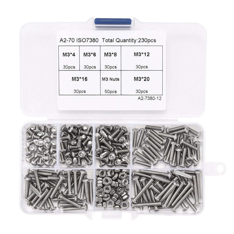230pcs M3 304 Stainless Steel Allen Hex Drive Button Head Socket Cap Bolts Screws Nuts Assortment Kit Box Nuts Allen bolts Set