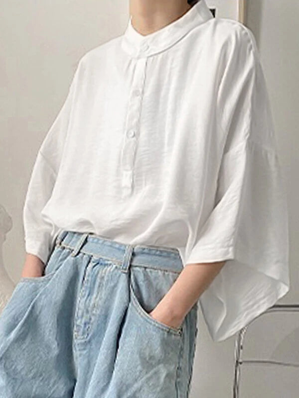 INCERUN Mens Shirt Solid Color Stand Collar Shirt Summer Casual Loose Fit Half Long Sleeve Top Men Clothing Shirts