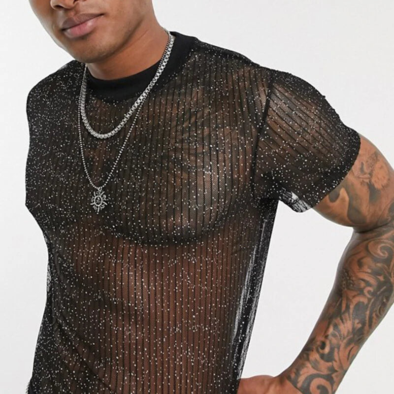 Men Mesh See-Through T-Shirt Training Fitness Sport Casual Short Sleeve Slim Fit Thin Tee Tops