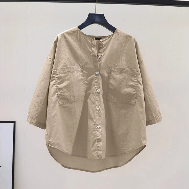 ZANZEA Womens Daily Casual Crew Neck Puff Sleeve Shirts Office Lady Button Up Solid Blouses with Pockets