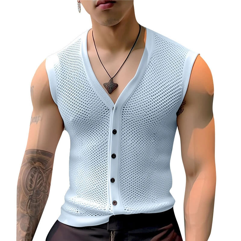 INCERUN Mens Tank Top Solid Color Hollow Out Vests Top Summer Cool Button Undershirt Top Fashion Male Clothing