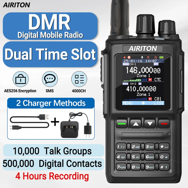 AIRITON DM-168 DMR Digital Analog Dual Mode Walkie Talkie 4000 Channels AES256 Encryption Type-C Rechargeable VHF UHF Dual Band Professional Two Way Radio