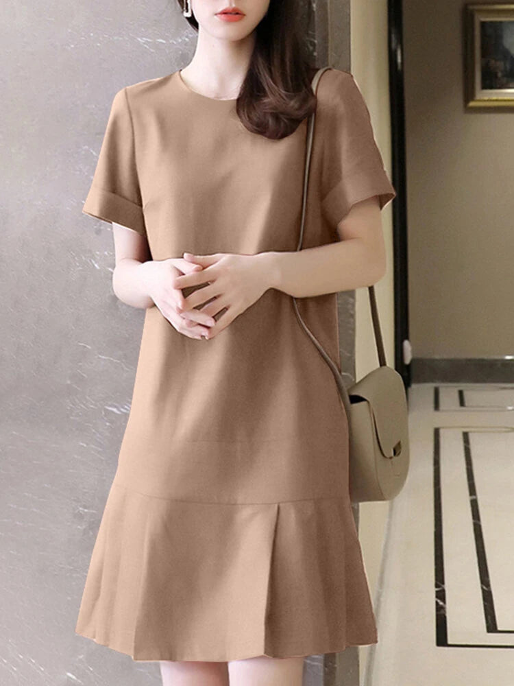 ZANZEA Women Plus Size Solid Ruffle Hem Pocket Short Sleeve Crew Neck Casual Dress