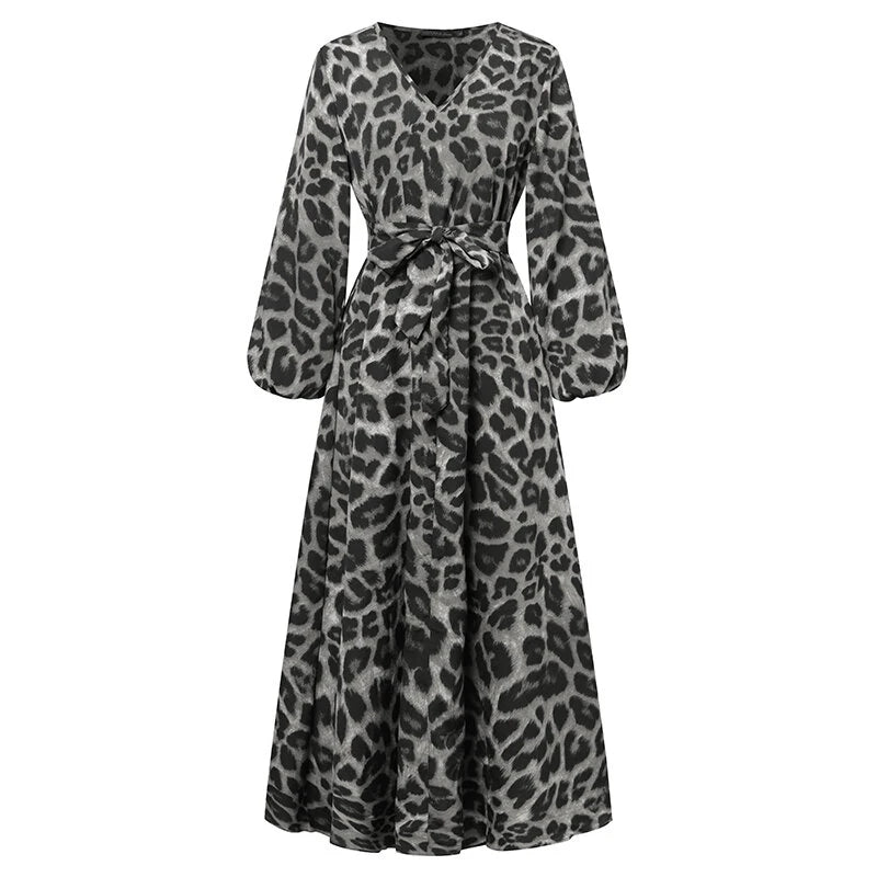 ZANZEA Women Plus Size Leopard Print Long Dress V-Neck Puff Sleeve Lace-Up Maxi Dress For Women