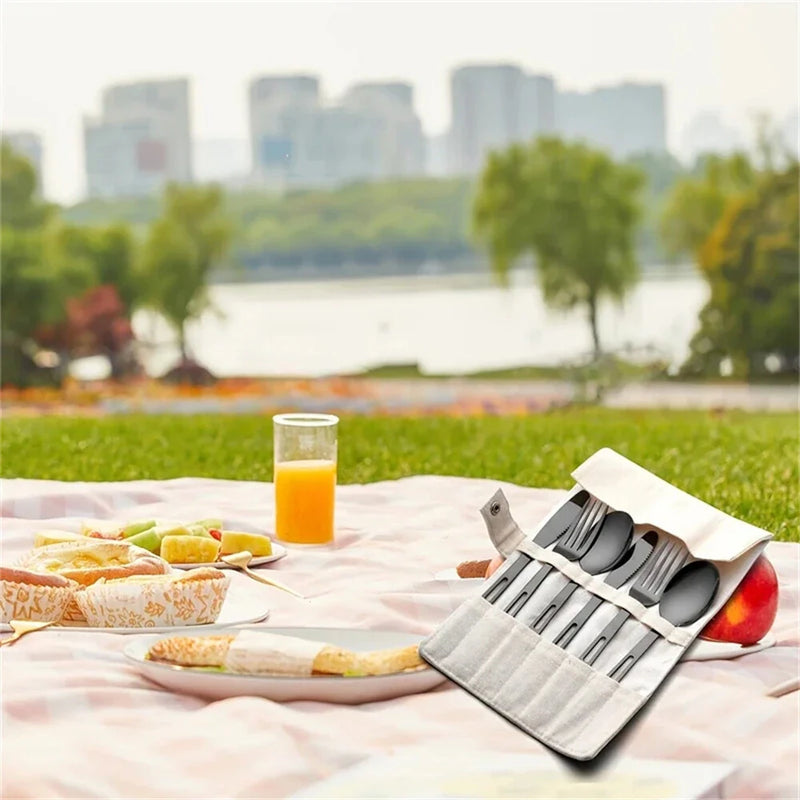 IPRee 7PCS Stainless Steel Camping Cutlery Set Portable Travel Picnic Utensils Fork Spoon Outdoor Dinnerware for Hiking